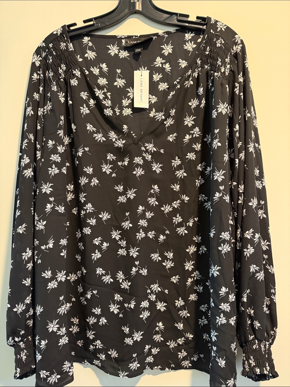 Lane Bryant Black Floral V-Neck Smocked Sleeve Blouse